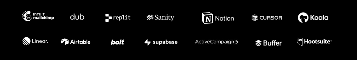 Additional vendor logos including Mailchimp, Dub, Replit, Sanity, Notion, Cursor, Koala, Linear, Airtable, Bolt, Supabase, ActiveCampaign, Buffer, and Hootsuite